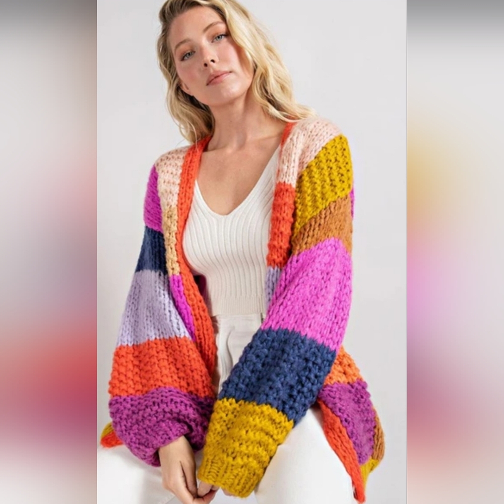 Anthropologie Entro Patchwork Knit Cardigan - Chunky Cozy Sweater - Size S - Picture 1 of 10